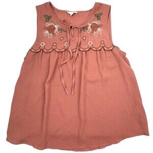 E&M Terra Cotta Embroidered Tie-Front Tank Top Bohemian Boho Crinkle Texture L